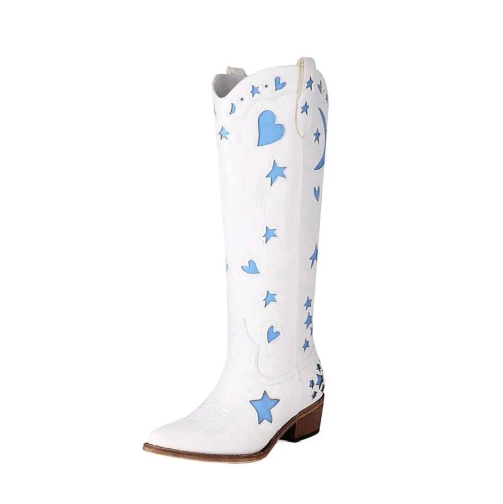 NEW KNEE-HI COWBOY BOOTS W/CLASSIC EMBROIDERED STARS MOON HEART LO-HEEL - Picture 1 of 6